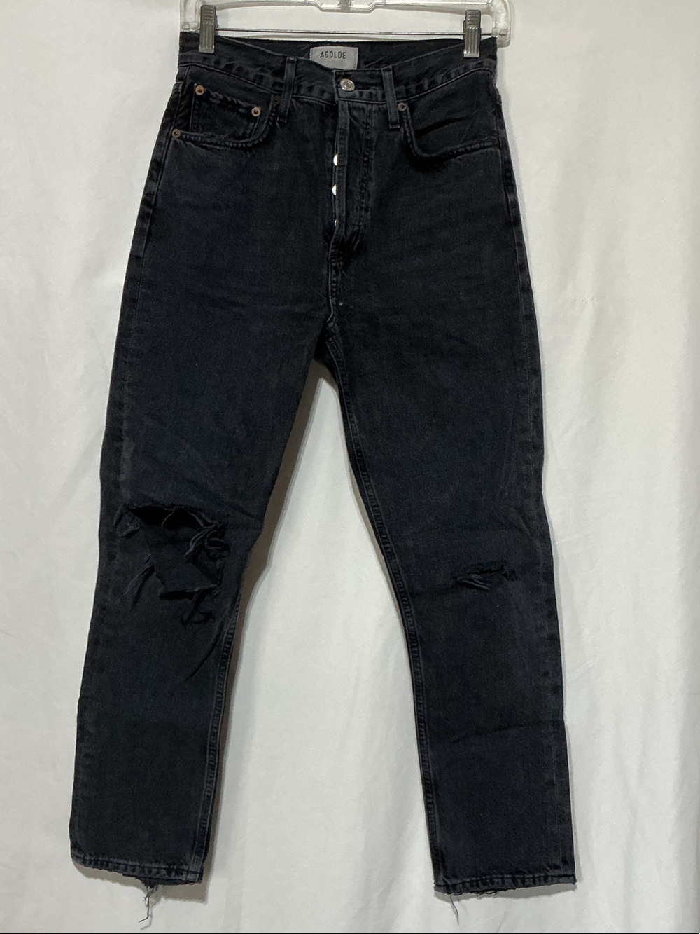 Agolde Black High-Rise Distressed Damaged Button Front Jeans Sz 25